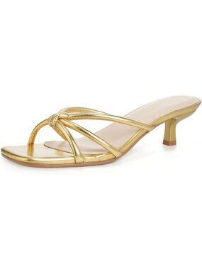 Women's Gold Faux Leather Summer Spaghetti Strap Square Open Toe Fashion Heel